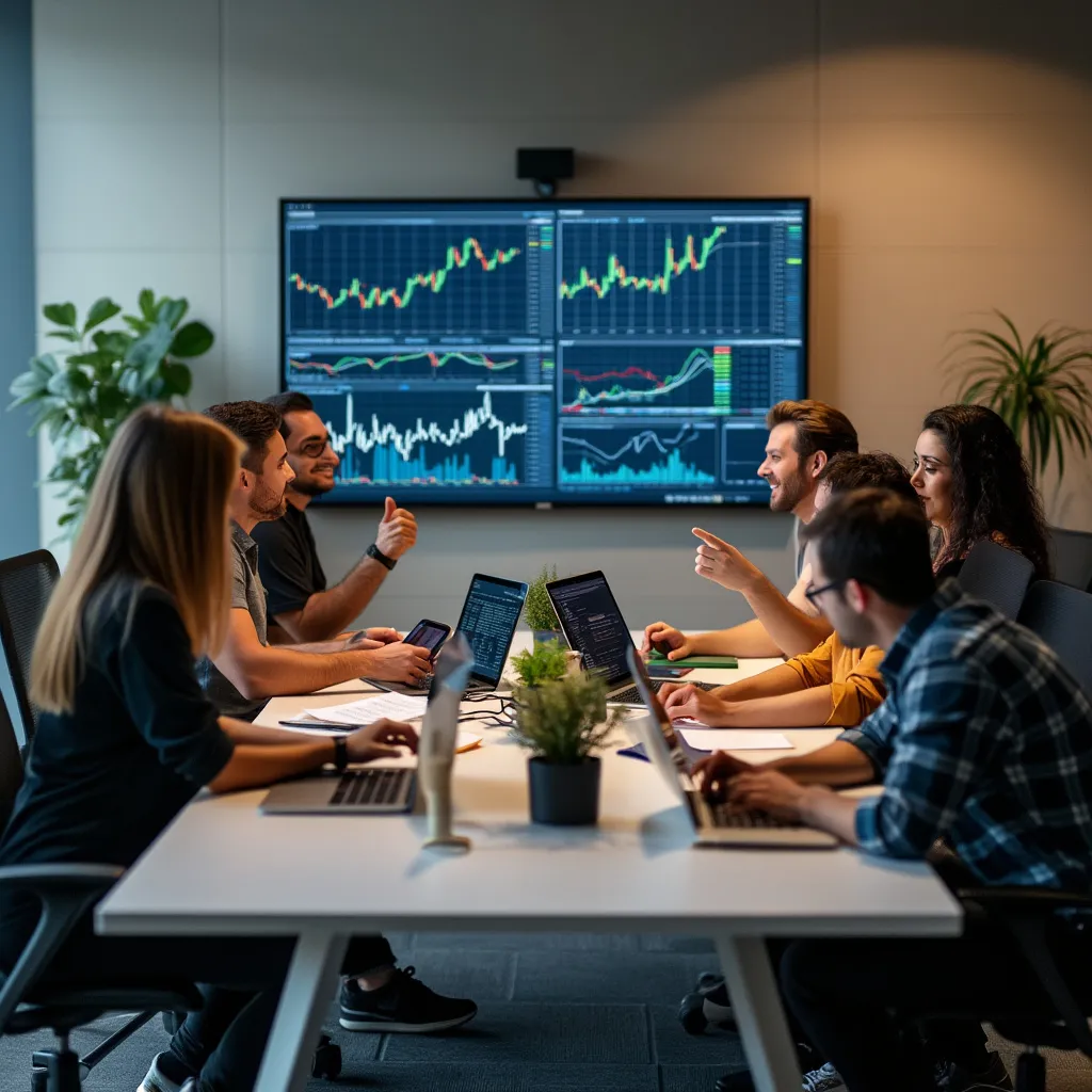 Equipo colaborando en análisis financiero en oficina moderna de Buenos Aires